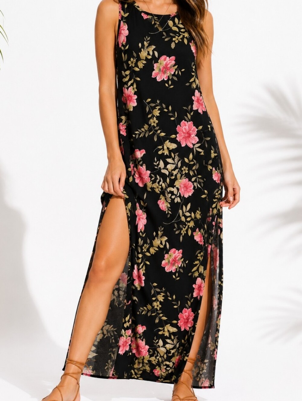 Vintage Jody California Black Floral Maxi Dress Cottagecore Boho Sleeveless USA